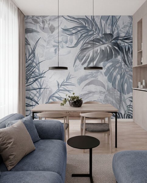 Tapet Monstera și frunze de palmier în nuanțe de albastru și gri, botanică, frunze, Fototapet pădure, Fototapet Tropics, w09011v1 : Uwalls.ro