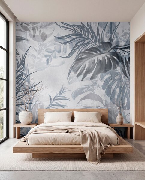 Tapet Monstera și frunze de palmier în nuanțe de albastru și gri, botanică, frunze, Fototapet pădure, Fototapet Tropics, w09011v1 : Uwalls.ro