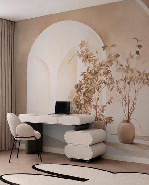Tapet Plante în ghivece cu tonuri bej în fața arcurilor abstracte, stil minimalist, elegant și curat, fundal neutru, Fototapet 3D, w09013 : Uwalls.ro
