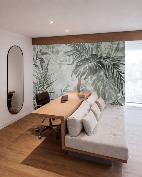 Tapet Monstera și frunze de palmier în nuanțe de verde și gri, botanică, frunze tropicale, plante junglă,, Fototapet Natură, w09011 : Uwalls.ro