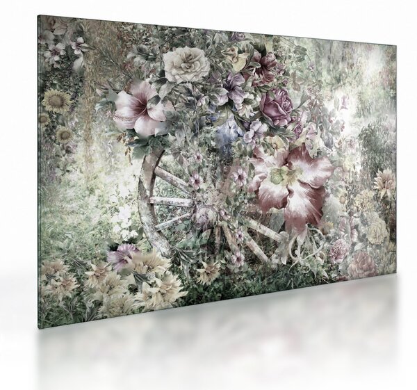 Tablou pe sticlă - Flori pe roata de lemn (70x50 cm)