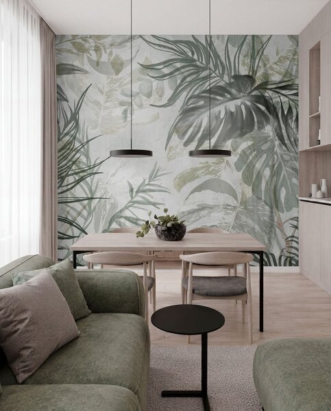 Tapet Monstera și frunze de palmier în nuanțe de verde și gri, botanică, frunze tropicale, plante junglă,, Fototapet Natură, w09011 : Uwalls.ro