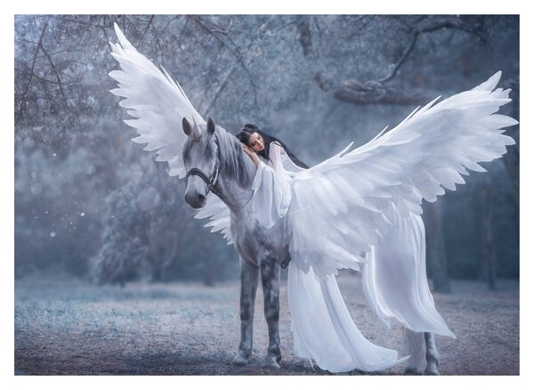 Tablou pe sticlă - Fata și unicorn (70x50 cm)