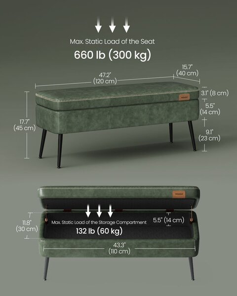 Bancuta hol cufar cu depozitare, Vasagle, Verde inchis, 120x40x45 cm