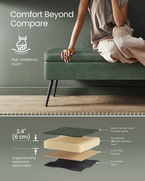 Bancuta hol cufar cu depozitare, Vasagle, Verde inchis, 120x40x45 cm