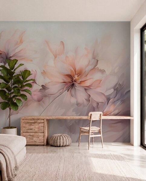 Tapet O artă florală delicată cu flori mari de culoare pastel cu petale translucide, tulpini moi și un, Fototapet Acuarelă, w09050 : Uwalls.ro