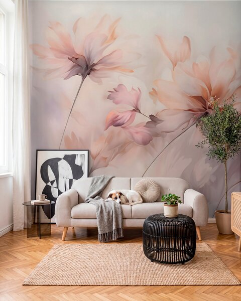 Tapet O artă florală delicată cu flori mari de culoare pastel cu petale translucide, tulpini moi și un, Fototapet Acuarelă, w09050 : Uwalls.ro