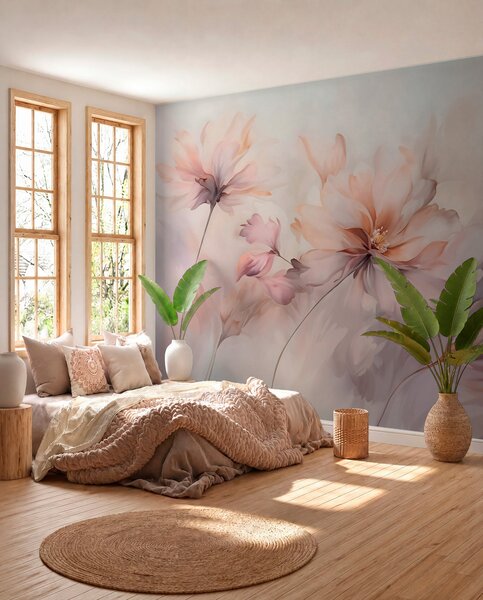 Tapet O artă florală delicată cu flori mari de culoare pastel cu petale translucide, tulpini moi și un, Fototapet Acuarelă, w09050 : Uwalls.ro