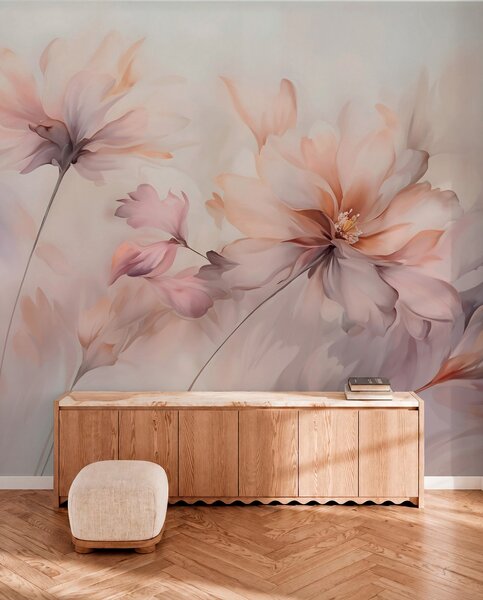 Tapet O artă florală delicată cu flori mari de culoare pastel cu petale translucide, tulpini moi și un, Fototapet Acuarelă, w09050 : Uwalls.ro