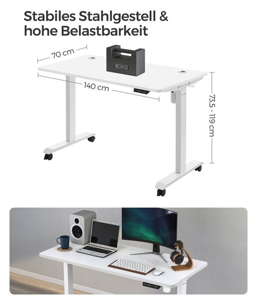 Birou reglabil Songmics Alb 140x70x119 cm