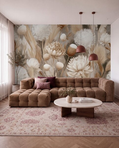 Tapet Boho Harmony: Flori texturate în tonuri de bej și crem, Fototapet Flori, w09121 : Uwalls.ro