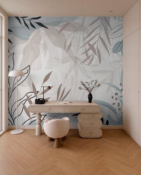 Tapet Design abstract floral modern cu frunze pastel bej, gri, albastru și negru, artă delicată de linii și, Fototapet Modern, w09105 : Uwalls.ro