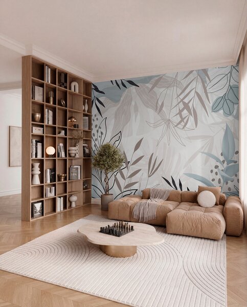 Tapet Design abstract floral modern cu frunze pastel bej, gri, albastru și negru, artă delicată de linii și, Fototapet Modern, w09105 : Uwalls.ro