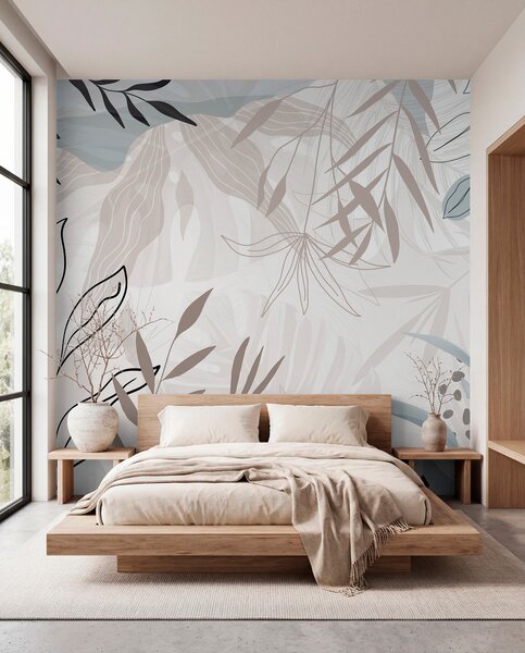 Tapet Design abstract floral modern cu frunze pastel bej, gri, albastru și negru, artă delicată de linii și, Fototapet Modern, w09105 : Uwalls.ro
