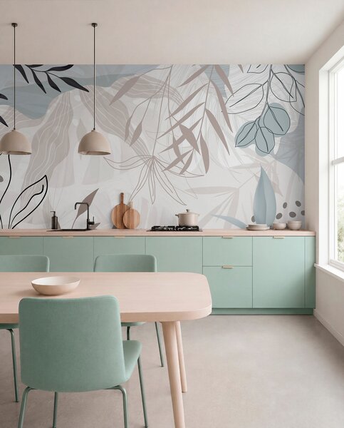Tapet Design abstract floral modern cu frunze pastel bej, gri, albastru și negru, artă delicată de linii și, Fototapet Modern, w09105 : Uwalls.ro