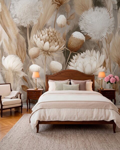 Tapet Boho Harmony: Flori texturate în tonuri de bej și crem, Fototapet Flori, w09121 : Uwalls.ro