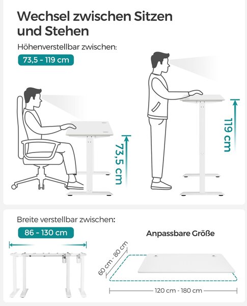 Birou reglabil Songmics Alb 140x70x119 cm