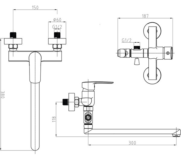 Mereo, Baterie de perete Mereo pentru apartament, Pego, 150 mm, cu braț plat 300 mm, fără accesorii, MER-CB60204P