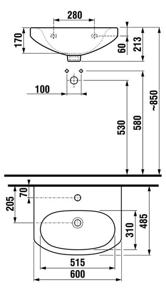 Mereo, Lavoar Mereo cu orificiu pentru baterie 60 cm, MER-VSD60NA (H8107930001042)