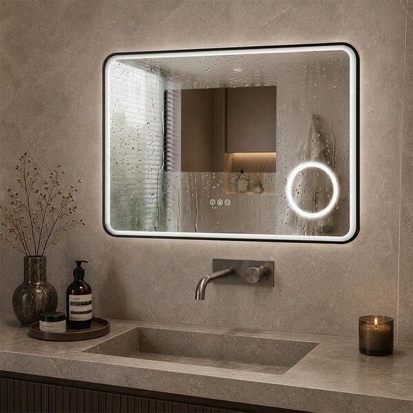 Mereo, Oglindă pătrată Mereo 80x60 cm, iluminare LED, oglindă cosmetică, ramă neagră, dezaburitor, MER-CN173