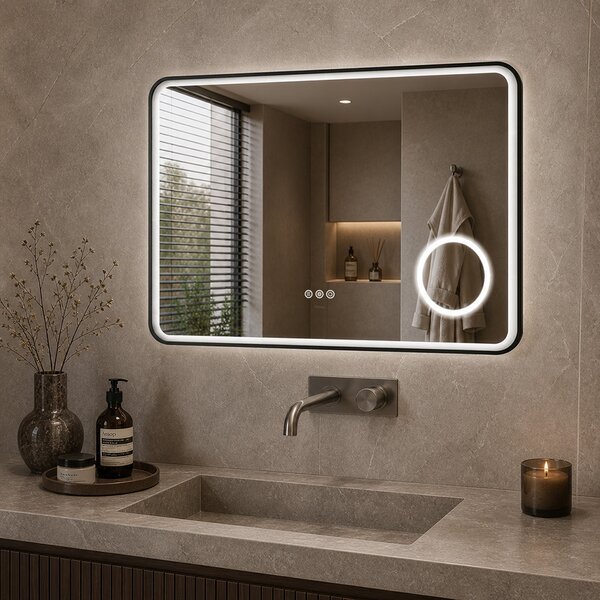 Mereo, Oglindă pătrată Mereo 80x60 cm, iluminare LED, oglindă cosmetică, ramă neagră, dezaburitor, MER-CN173