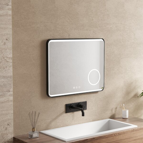 Mereo, Oglindă pătrată Mereo 80x60 cm, iluminare LED, oglindă cosmetică, ramă neagră, dezaburitor, MER-CN173