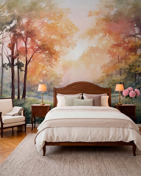 Tapet Peisaj forestier texturat, copaci cu frunze portocalii și verzi, paletă de culori pastelate, Fototapet Natură, w09210v1 : Uwalls.ro