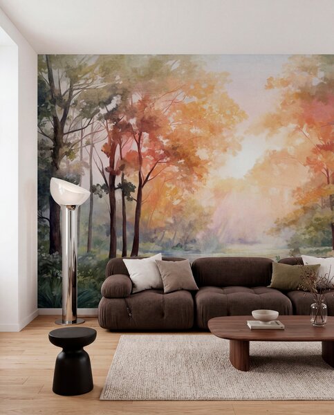 Tapet Peisaj forestier texturat, copaci cu frunze portocalii și verzi, paletă de culori pastelate, Fototapet Natură, w09210v1 : Uwalls.ro