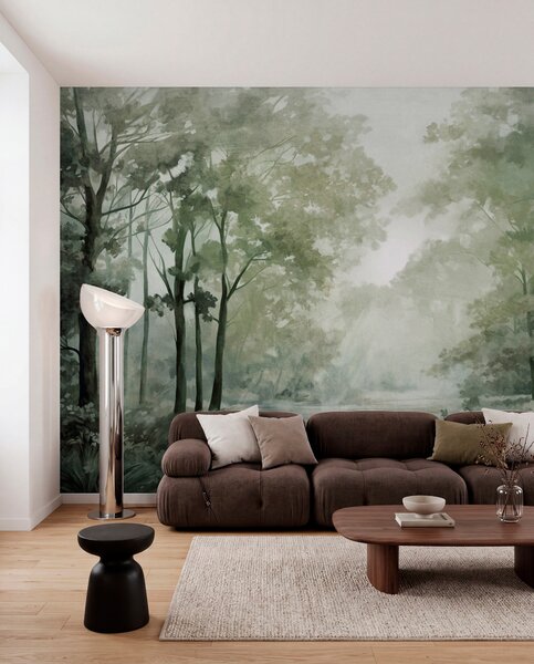 Tapet Peisaj forestier texturat, copaci cu frunze verzi, paletă de culori pastelate, Fototapet Natură, w09210v2 : Uwalls.ro