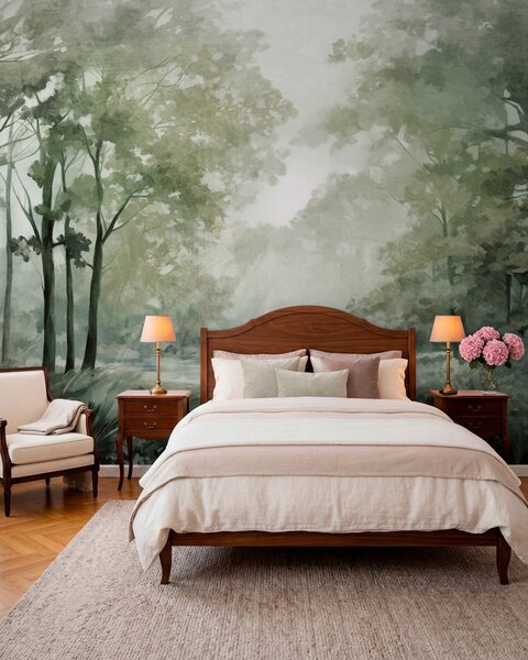 Tapet Peisaj forestier texturat, copaci cu frunze verzi, paletă de culori pastelate, Fototapet Natură, w09210v2 : Uwalls.ro