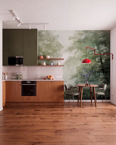 Tapet Peisaj forestier texturat, copaci cu frunze verzi, paletă de culori pastelate, Fototapet Natură, w09210v2 : Uwalls.ro