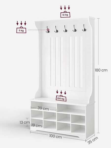 Cuier cu pantofar Vasagle Alb 100x35x180 cm