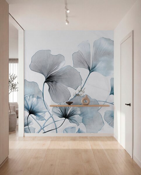 Tapet Ginkgo biloba frunze în tonuri de albastru și gri, efect de acuarelă cu textură delicată, fundal, Fototapet Natură, w09215v1 : Uwalls.ro