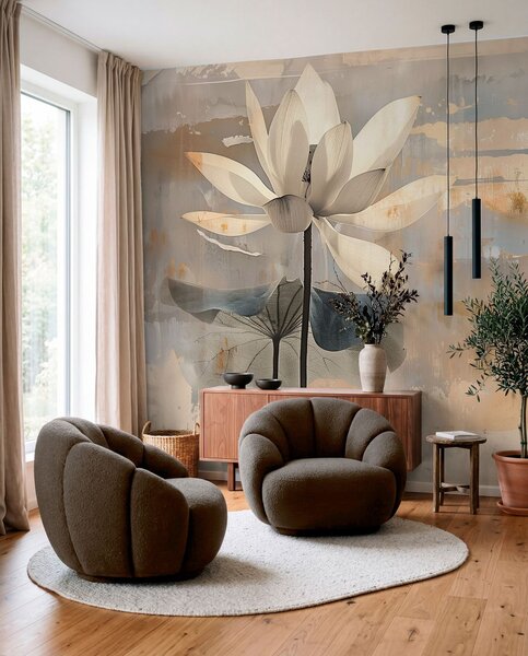 Tapet Imitație a unui lotus acuarelă pe un fundal abstract brushstroke, Fototapet Flori, w09244 : Uwalls.ro