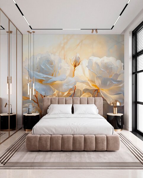 Tapet Trandafiri albi texturați cu tulpini și frunze galbene, iluminare moale, fundal luminos cu forme florale, Fototapet Flori, w09258 : Uwalls.ro