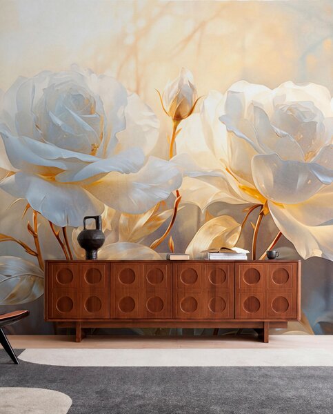 Tapet Trandafiri albi texturați cu tulpini și frunze galbene, iluminare moale, fundal luminos cu forme florale, Fototapet Flori, w09258 : Uwalls.ro