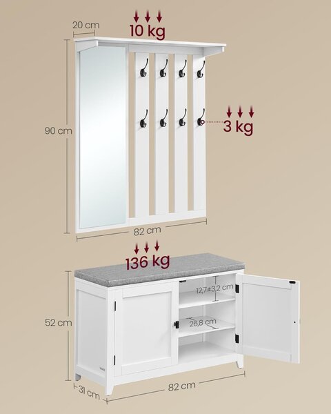 Cuier cu pantofar si bancuta Alb Vasagle 82x31x142 cm