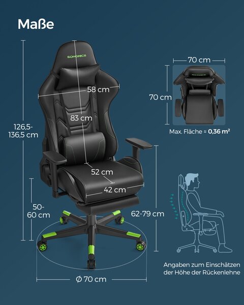 Scaun gaming, stil de curse, Songmics, Negru-Verde, 70.5 x 71.5 x (126.5-136.5)cm