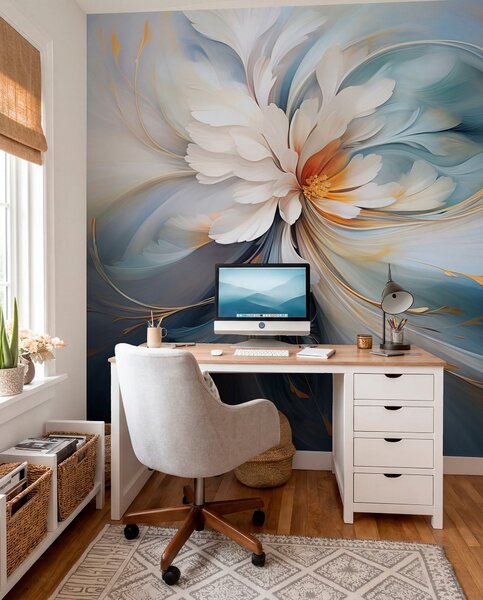 Tapet Floare abstractă în tonuri de albastru și portocaliu, Fototapet Abstract, w09270v1 : Uwalls.ro