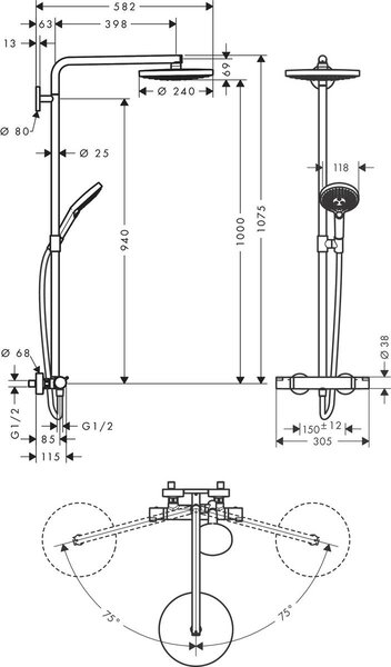 Hansgrohe Raindance set de duș perete cu termostat crom 27129000