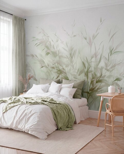 Tapet Iarbă și buruieni cu frunze și tulpini subțiri, culori verde deschis și maro, tușe moi și delicate,, Fototapet Acuarelă, w09342 : Uwalls.ro