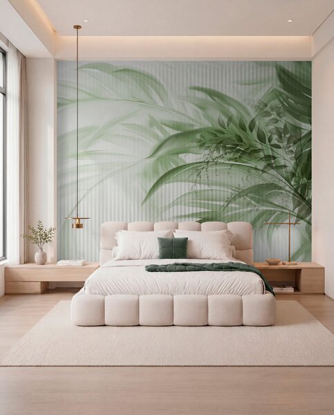 Tapet Palmier tropical frunze verzi cu un fundal cu dungi albe, iluminat moale, tușe, Fototapet Natură, Fototapet Frunze, w09343 : Uwalls.ro