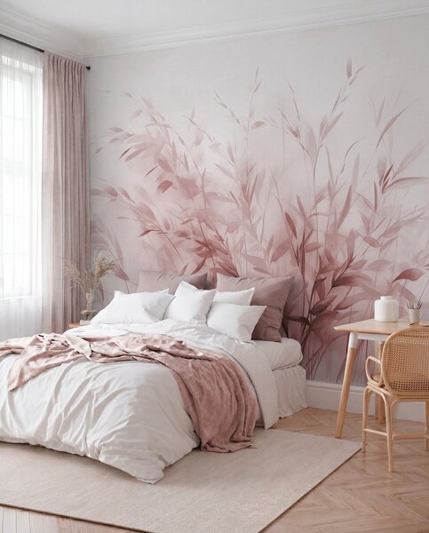 Tapet Iarbă și buruieni cu frunze și tulpini subțiri, culori roz deschis, tușe moi și delicate, print, Fototapet Acuarelă, w09342v2 : Uwalls.ro