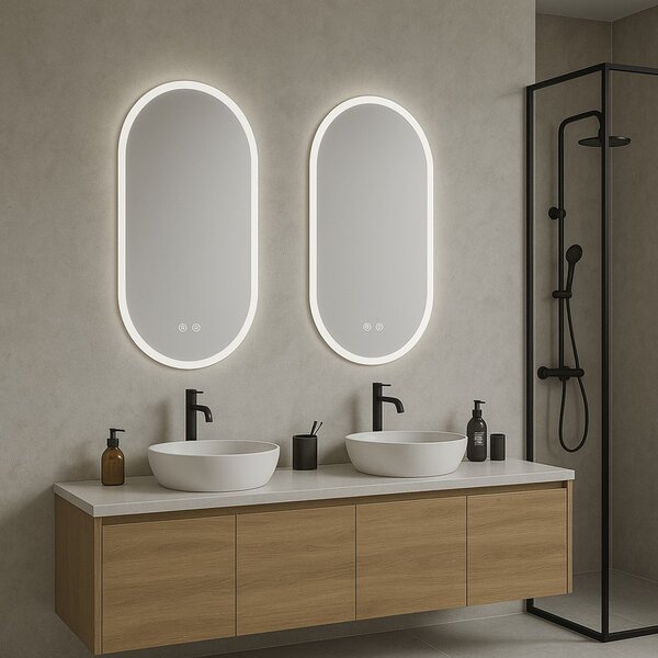 Erga Demi, oglindă ovală LED 40x60cm, 3 culori de lumină, iluminare frontală, pernă încălzitoare anti-aburire, ERG-V01-DEMI-4060-CL