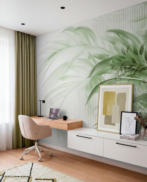 Tapet Palmier tropical frunze verzi cu un fundal cu dungi albe, iluminat moale, tușe, Fototapet Natură, Fototapet Frunze, w09343 : Uwalls.ro
