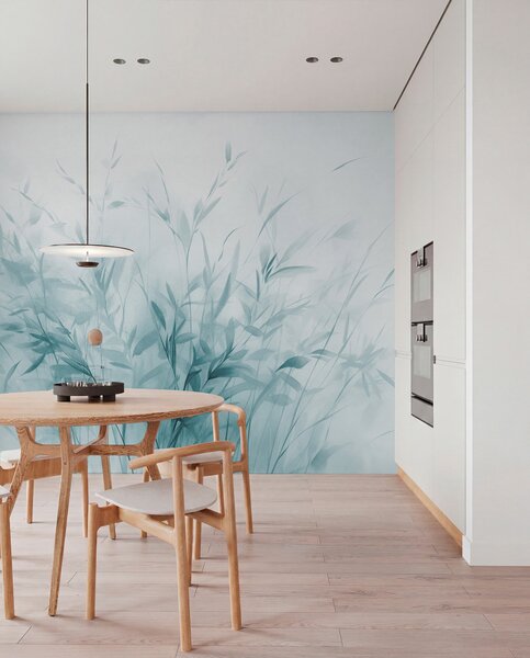 Tapet Iarbă și buruieni cu frunze și tulpini subțiri, culori albastru deschis, tușe moi și delicate, print, Fototapet Acuarelă, w09342v1 : Uwalls.ro