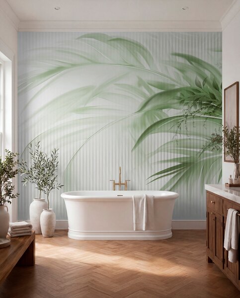 Tapet Palmier tropical frunze verzi cu un fundal cu dungi albe, iluminat moale, tușe, Fototapet Natură, Fototapet Frunze, w09343 : Uwalls.ro