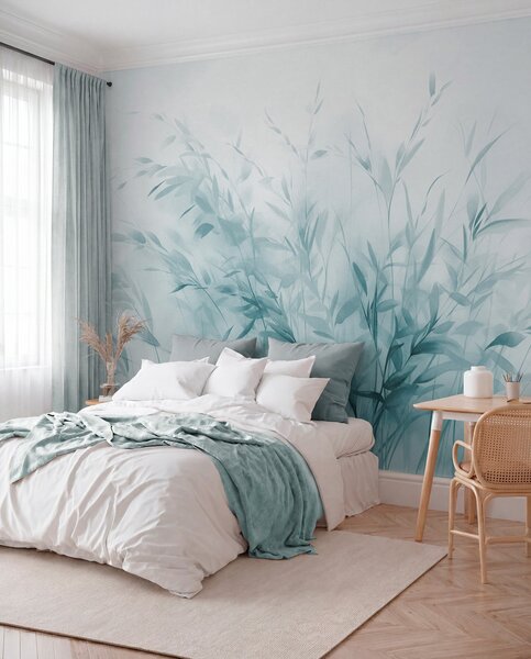 Tapet Iarbă și buruieni cu frunze și tulpini subțiri, culori albastru deschis, tușe moi și delicate, print, Fototapet Acuarelă, w09342v1 : Uwalls.ro