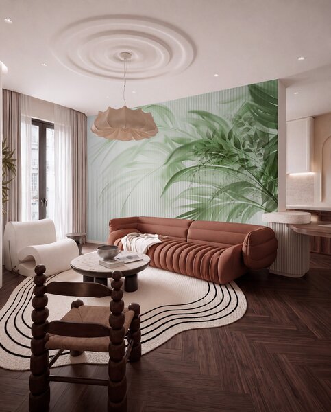 Tapet Palmier tropical frunze verzi cu un fundal cu dungi albe, iluminat moale, tușe, Fototapet Natură, Fototapet Frunze, w09343 : Uwalls.ro