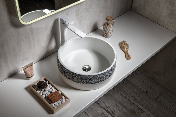 Sapho Sapho, chiuveta ceramica PRIORI, diametru 41 cm, culoare bej cu pictura albastra, PI011